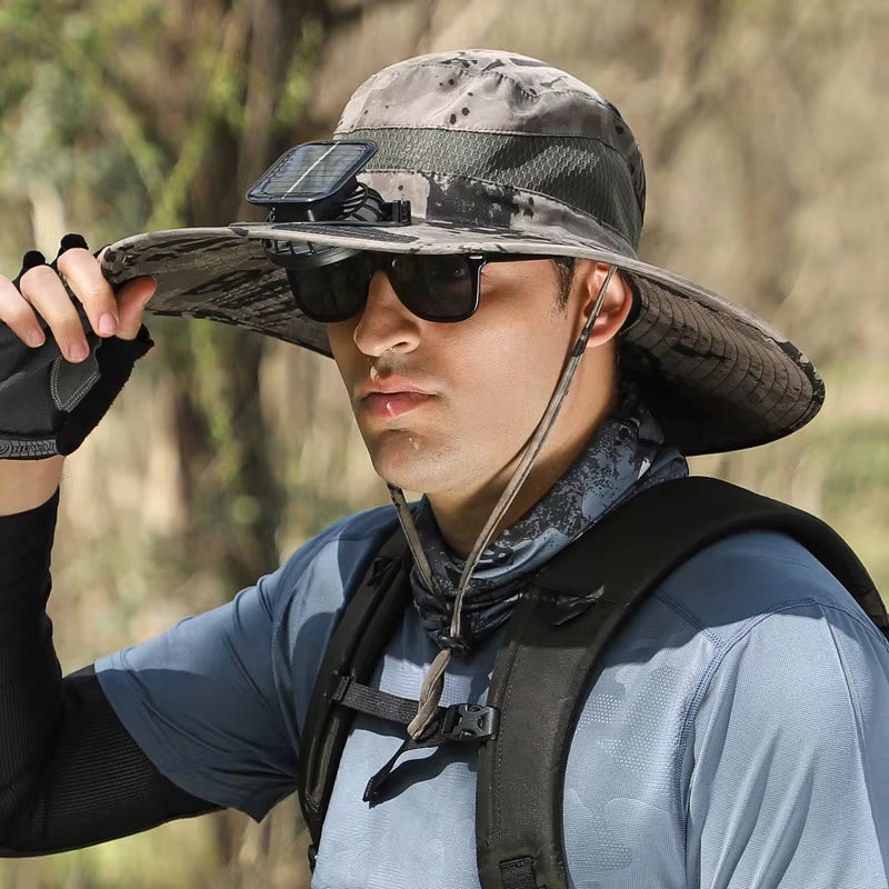 Stay Cool and Protected with Our Wide Brim Solar Fan Fishing Hat - Perfect for Outdoor Adventures!