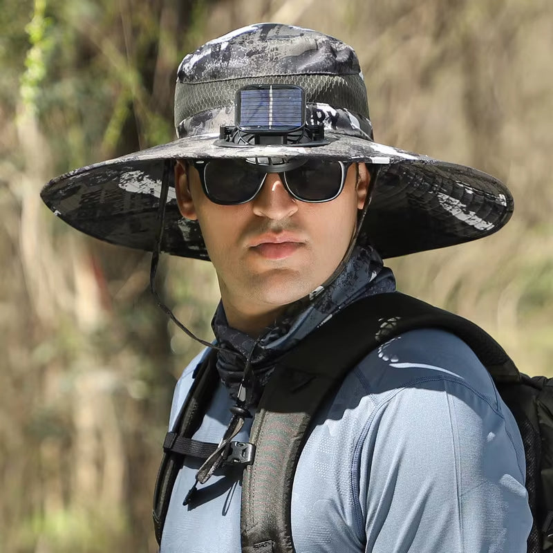Stay Cool and Protected with Our Wide Brim Solar Fan Fishing Hat - Perfect for Outdoor Adventures!