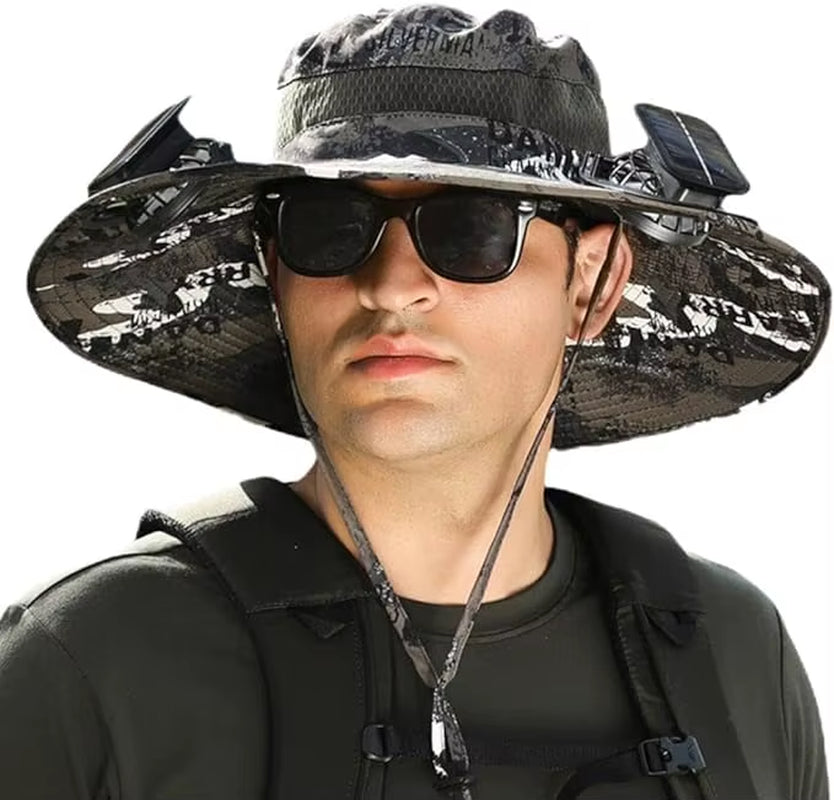 Stay Cool and Protected with Our Wide Brim Solar Fan Fishing Hat - Perfect for Outdoor Adventures!