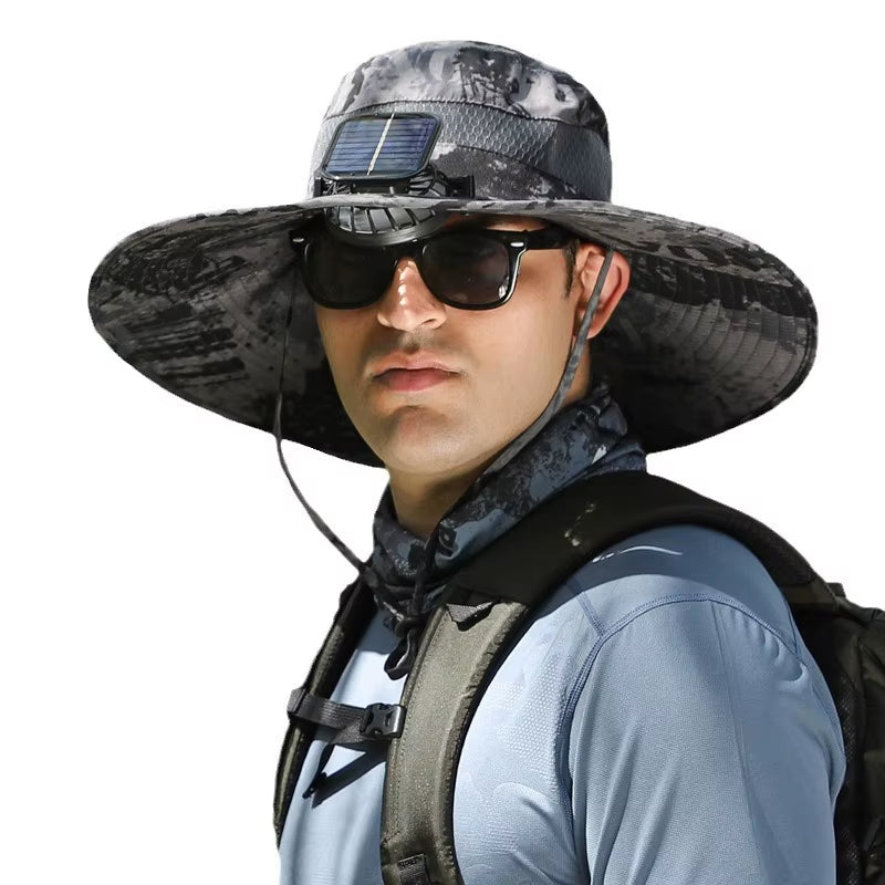 Stay Cool and Protected with Our Wide Brim Solar Fan Fishing Hat - Perfect for Outdoor Adventures!
