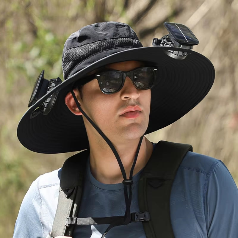 Stay Cool and Protected with Our Wide Brim Solar Fan Fishing Hat - Perfect for Outdoor Adventures!